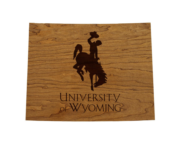 University of Wyoming Logo on State Wall Hanging - Crafted from Cherry and Maple Wood - Wyoming Cowboys