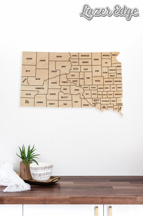South Dakota County Map Wall Hanging - Crafted from Cherry or Maple Wood