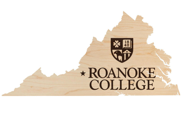 Roanoke College Academic Logo on State Wall Hanging - Crafted from Cherry and Maple Wood - Roanoke Maroons