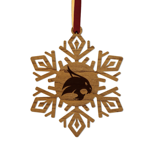 Texas State University Bobcats Snowflake Ornament – Crafted from Cherry and Maple Wood – Texas State Bobcats
