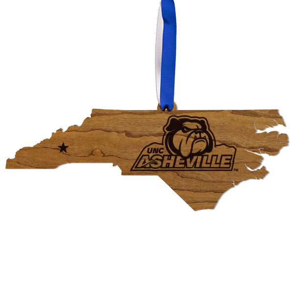 UNC Asheville Bulldogs on State Ornament – Crafted from Cherry Wood