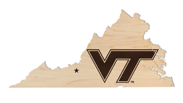 Virginia Tech VT on State Wall Hanging - Crafted from Cherry and Maple Wood - Virginia Tech Hokies