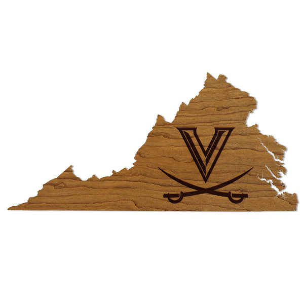 University of Virginia V Sabres on State Wall Hanging - Crafted from Cherry and Maple Wood - University of Virginia Cavaliers