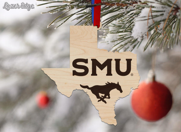 Southern Methodist University Mustang on State Ornament –Crafted from Cherry and Maple Wood – SMU Mustangs