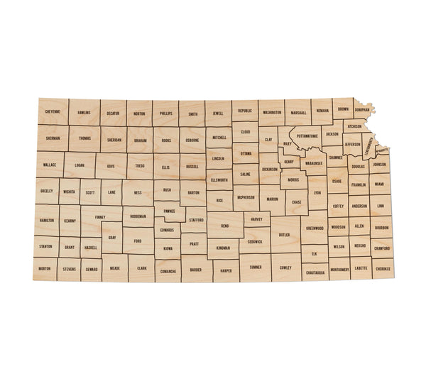Kansas County Map Wall Hanging - Crafted from Cherry or Maple Wood
