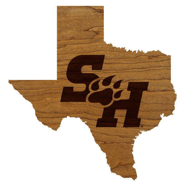 Sam Houston State University Logo on State Wall Hanging - Crafted from Cherry and Maple Wood - Sam Houston Bearkats