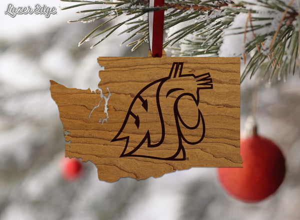 Washington State University Cougar on State Ornament – Crafted from Cherry and Maple Wood – Washington State Cougars