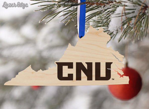 Christopher Newport University Initials on State Ornament – Crafted from Cherry and Maple Wood – CNU Captains