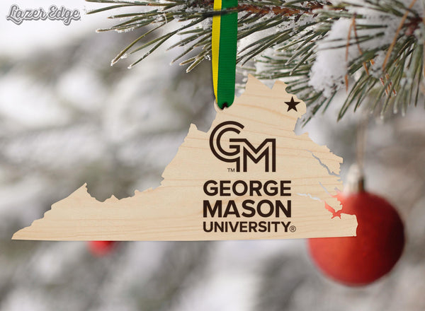 George Mason University Logo on State Ornament – Crafted from Cherry and Maple Wood – GMU Patriots
