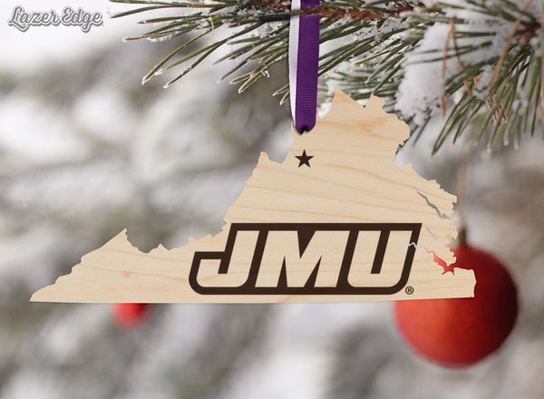James Madison University JMU on State Ornament – Crafted from Cherry and Maple Wood – JMU Dukes