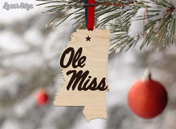 Ole Miss on Mississippi Ornament – Crafted from Cherry or Maple Wood