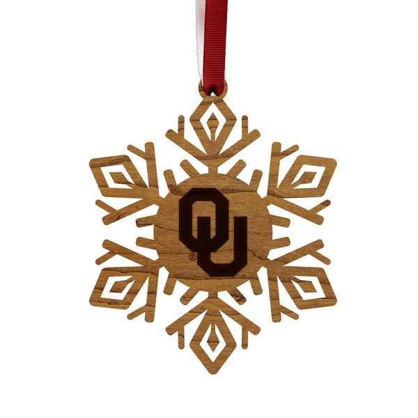 Oklahoma University OU Snowflake Ornament – Crafted from Cherry and Maple Wood – Oklahoma University Sooners