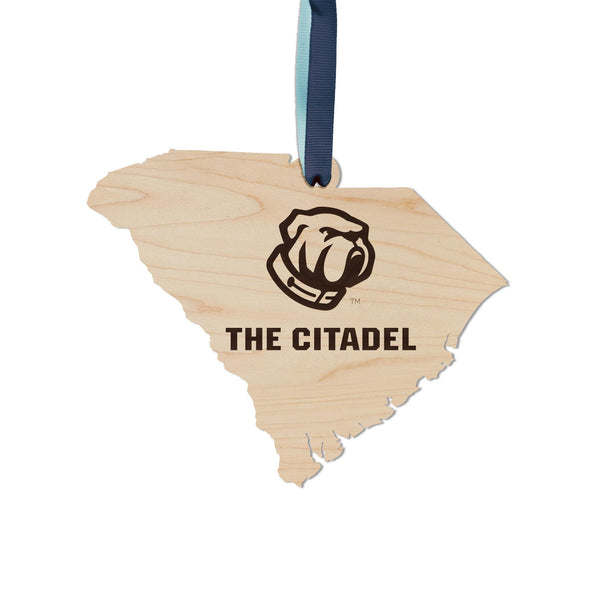 The Citadel Military College Bulldog on State Ornament – Crafted from Cherry and Maple Wood – The Citadel Bulldogs
