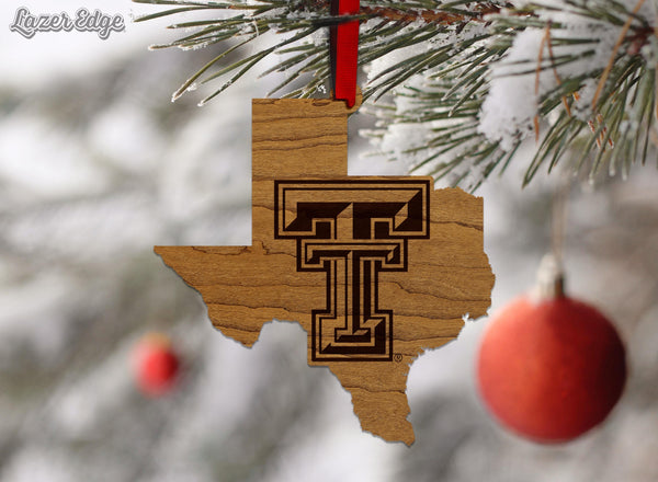 Texas Tech University Double T on State Ornament – Crafted from Cherry and Maple Wood – Texas Tech Red Raiders