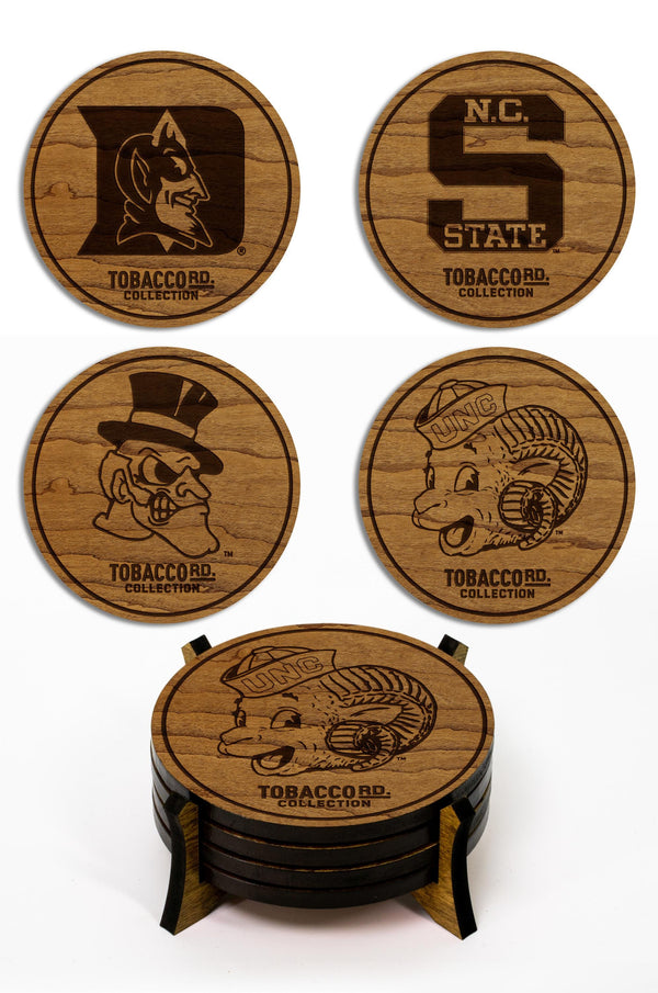 Tobacco Road Colleges Wooden Coasters With Coaster Holder– Crafted from Cherry or Maple Wood