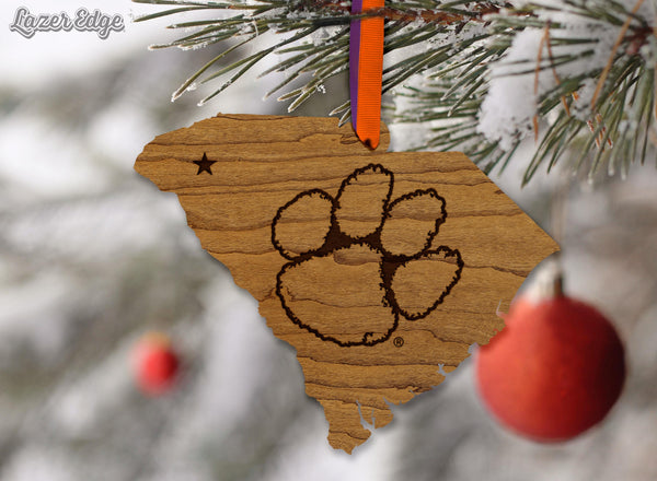 Clemson University Tiger Paw on State Ornament – Crafted from Cherry and Maple Wood – Clemson Tigers