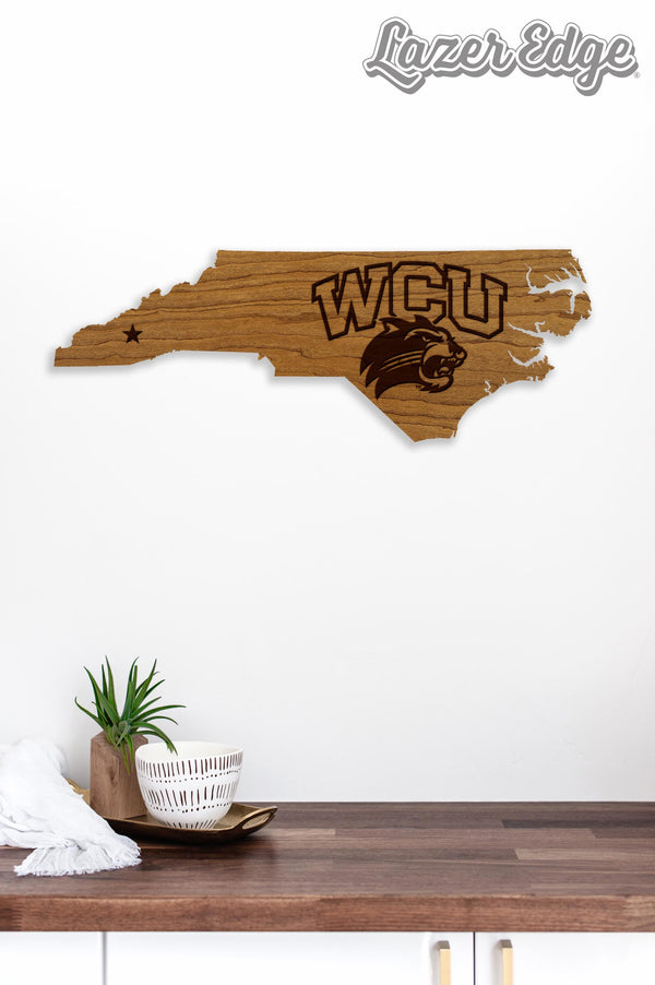 Western Carolina University on State Wall Hanging - Crafted from Cherry and Maple Wood - Western Carolina Catamounts