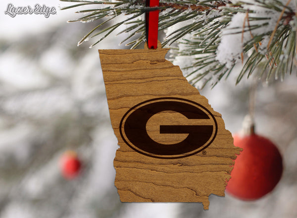University of Georgia Athletic Logo on State Ornament - Crafted from Cherry or Maple Wood - Georgia Bulldogs