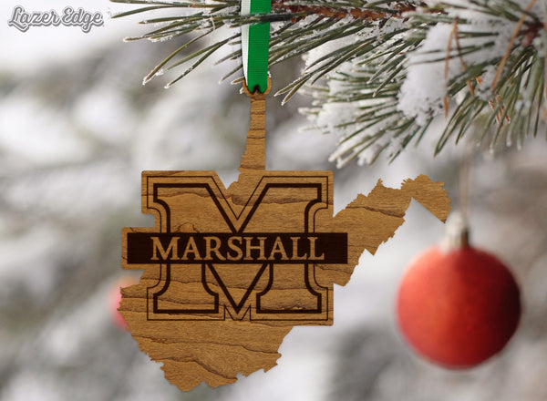 Marshall University Logo on State Ornament – Crafted from Cherry and Maple Wood – Marshall Bison