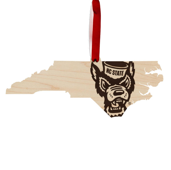 NC State University Tuffy on State Ornament – Crafted from Cherry or Maple Wood – North Carolina State Wolfpack