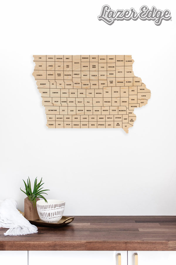 Iowa County Map Wall Hanging - Crafted from Cherry or Maple Wood