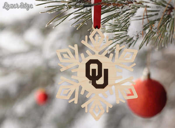 Oklahoma University OU Snowflake Ornament – Crafted from Cherry and Maple Wood – Oklahoma University Sooners