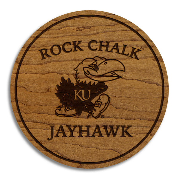 The University of Kansas Rock Chalk Jayhawk Coaster – Crafted from Cherry or Maple Wood – Kansas Jayhawks