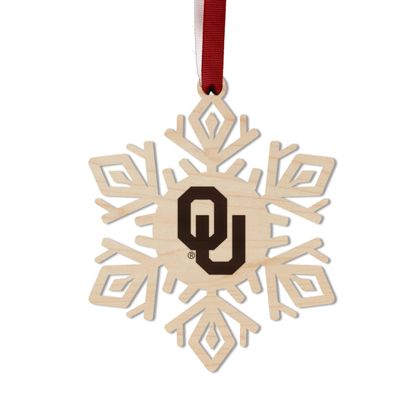 Oklahoma University OU Snowflake Ornament – Crafted from Cherry and Maple Wood – Oklahoma University Sooners