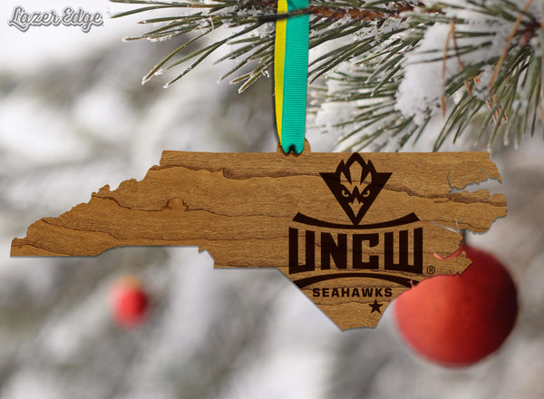 University of North Carolina Wilmington Seahawks on State Ornament – Crafted from Cherry and Maple Wood – UNCW Seahawks