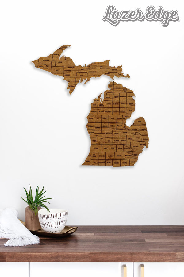 Michigan County Map Wall Hanging - Crafted from Cherry or Maple Wood
