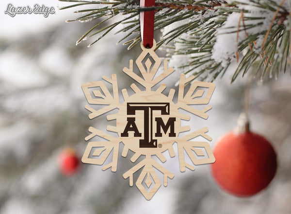Texas A&M University TAM Snowflake Ornament – Crafted from Cherry and Maple Wood – Texas A and M Aggies