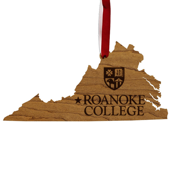 Roanoke College Institution Mark on State Ornament – Crafted from Cherry and Maple Wood – Roanoke Maroons