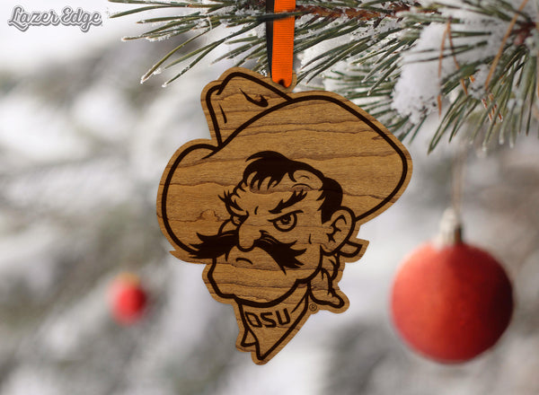 Oklahoma State Pistol Pete Ornament – Crafted from Cherry and Maple Wood – OSU Cowboys