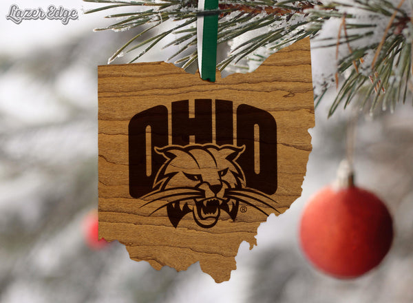 Ohio University Bobcats on State Ornament – Crafted from Cherry and Maple Wood – Ohio University Bobcats