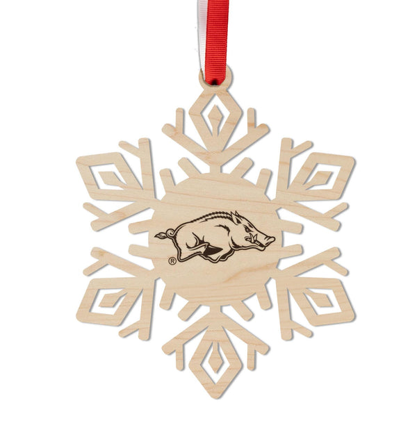 University of Arkansas Razorbacks Snowflake Ornament – Crafted from Cherry and Maple Wood - Arkansas Razorbacks