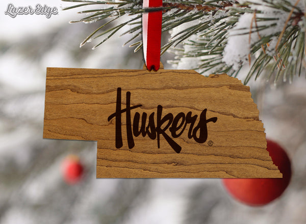 University of Nebraska Huskers on State Ornament - Crafted from Cherry or Maple Wood - Nebraska Huskers