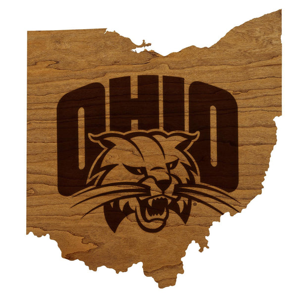 Ohio University Bobcats on State Wall Hanging - Crafted from Cherry or Maple Wood - Ohio Bobcats