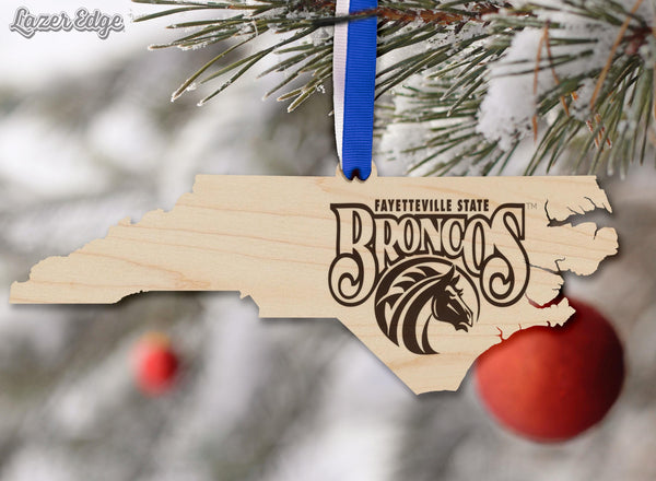 Fayetteville State University Broncos on State Ornament – Crafted from Cherry and Maple Wood – Fayetteville State Broncos