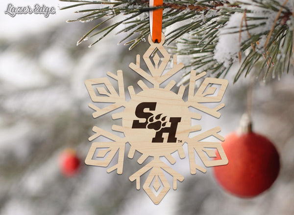 Sam Houston State University Bearkat Snowflake Ornament – Crafted from Cherry and Maple Wood – Sam Houston Bearkats