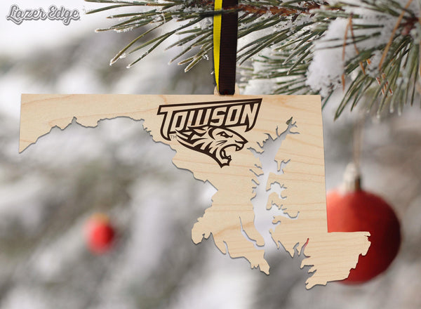 Towson University Tigers on State Ornament – Crafted from Cherry and Maple Wood – Towson Tigers