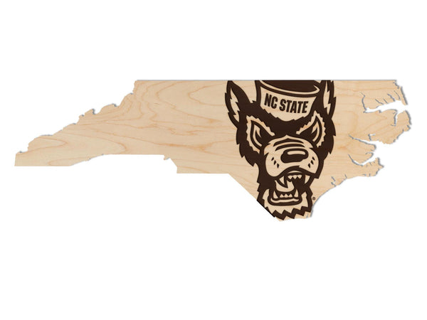 North Carolina State University Tuffy Head on State Wall Hanging - Crafted from Cherry or Maple Wood - NC State Wolfpack