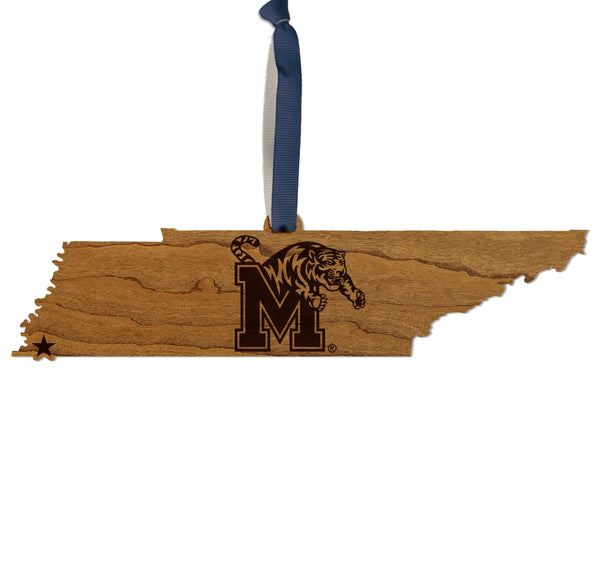 University of Memphis Block M on State Ornament – Crafted from Cherry and Maple Wood – Memphis Tigers