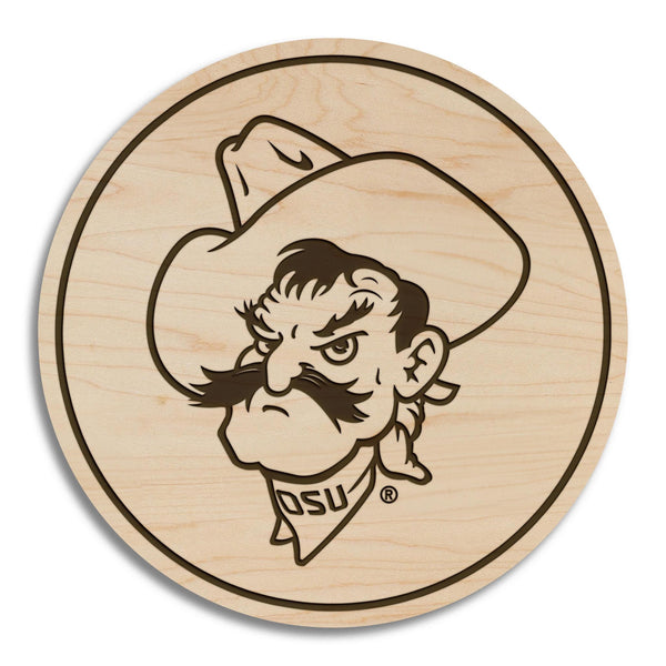 Oklahoma State University Pistol Pete Head Coaster – Crafted from Cherry or Maple Wood – Oklahoma State University