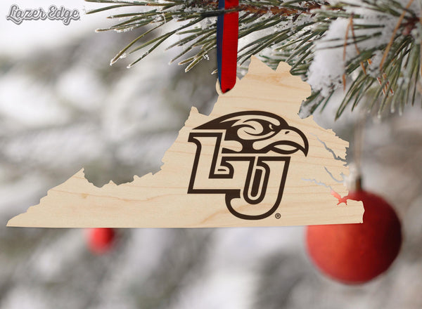 Liberty University Eagle on State Ornament – Crafted from Cherry and Maple Wood – Liberty Flames