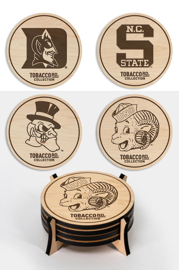 Tobacco Road Colleges Wooden Coasters With Coaster Holder– Crafted from Cherry or Maple Wood