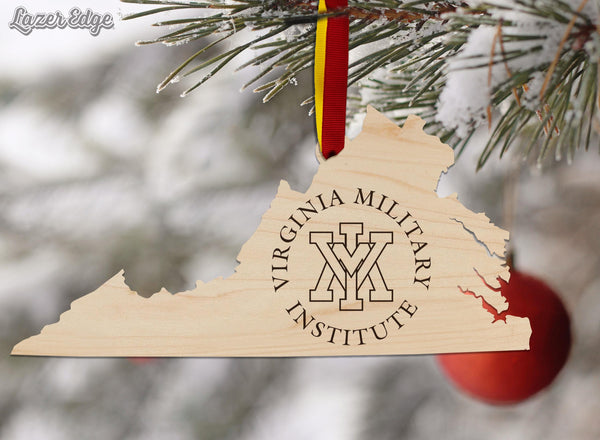 Virginia Military Institute VMI on State Ornament – Crafted from Cherry and Maple Wood – VMI Keydets