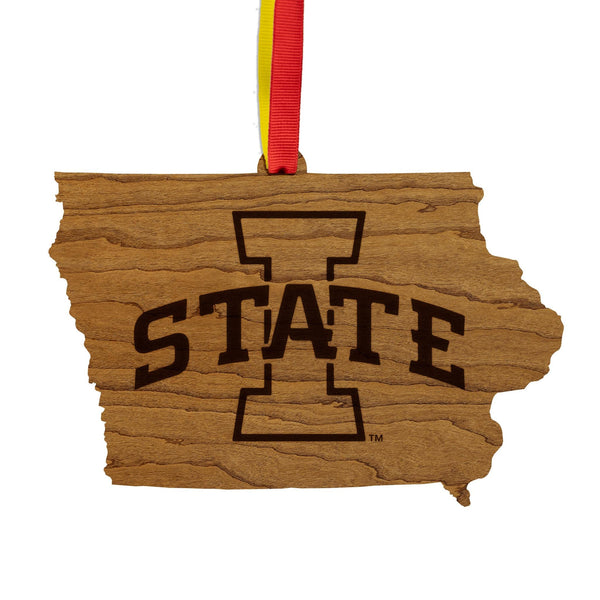 Iowa State University Logo on State Ornament – Crafted from Cherry and Maple Wood – Iowa State University
