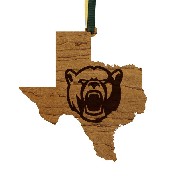 Baylor University Bear on State Ornament – Crafted from Cherry and Maple Wood – Baylor Bears