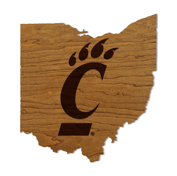 University of Cincinnati Bearcat on State Wall Hanging - Crafted from Cherry and Maple Wood - Cincinnati Bearcats