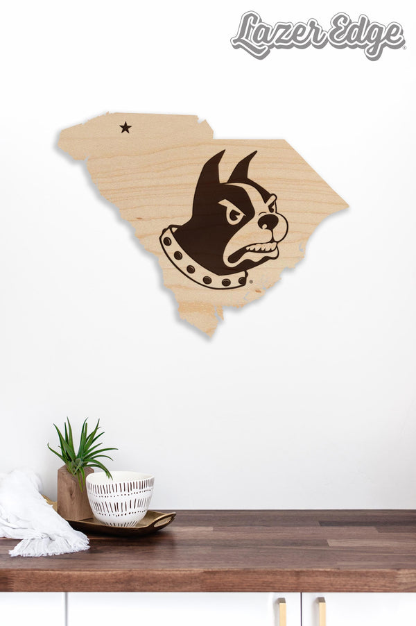Wofford College Terrier on State Wall Hanging - Crafted from Cherry or Maple Wood - Wofford College